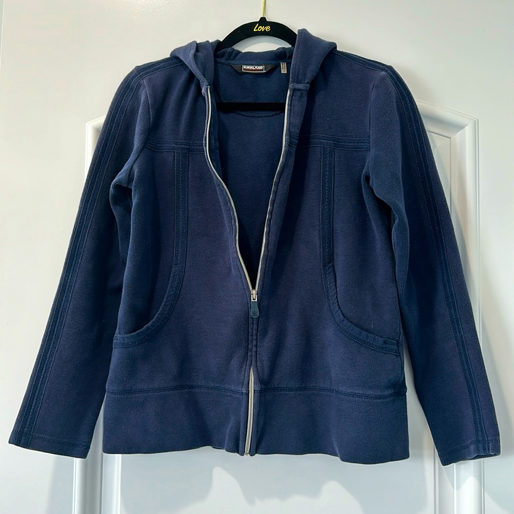 Women’s S, Hooded Zip Front Navy Kirkland Brand Heavy Sweatshirt